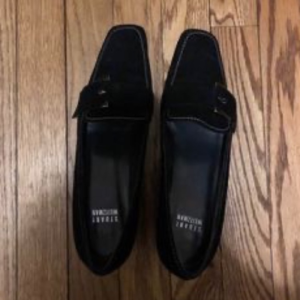 Stuart Weinstein Black Suede Block Heels with Silver Buckle